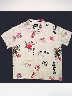 Malibu White Short-Sleeve Button-Down Shirt with Red Rose & Black Tiger Print